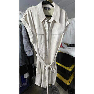 ELOQUII Beige Faux Leather Short Sleeve Dress Belted Button Front Sz 20